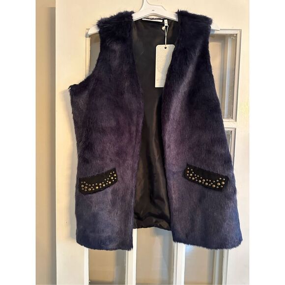 La Bellum Hillary Scott Faux Fur Vest Open Front medium navy blue beaded - Picture 2 of 7